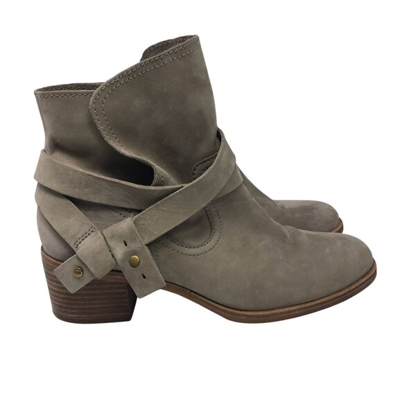 UGG Elora Taupe Suede Ankle Boots Womens 9.5 Wrap Strap Block Heel Western Style - Picture 1 of 16